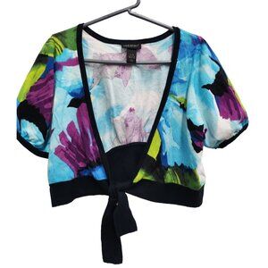 Y2K Lane Bryant Cardigan Womens 14/16 Blue Floral Tie Hem Crop Short Sleeve